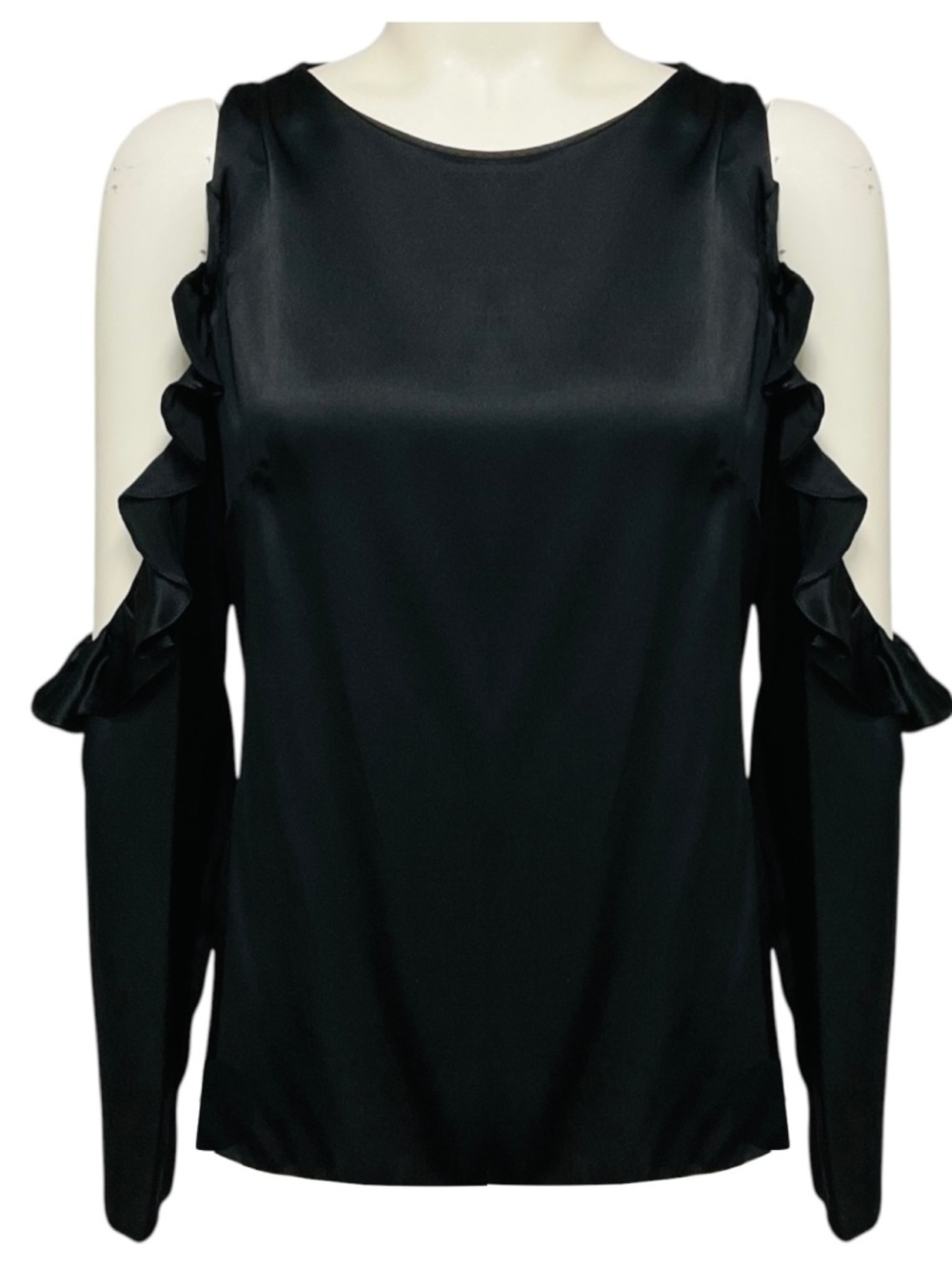 CUSHNIE ET OCHS BLACK SILK CHARMEUSE RUFFLE COLD SHOULDER TOP